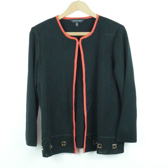Ming Wang Small Jacket Knit Blazer Cardigan Career Black Embroidered Office - Picture 1 of 8